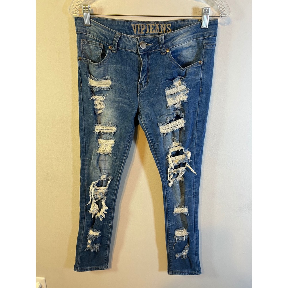 VIP Jeans Womens Skinny Heavy Distressed Blue Denim Size 7/8